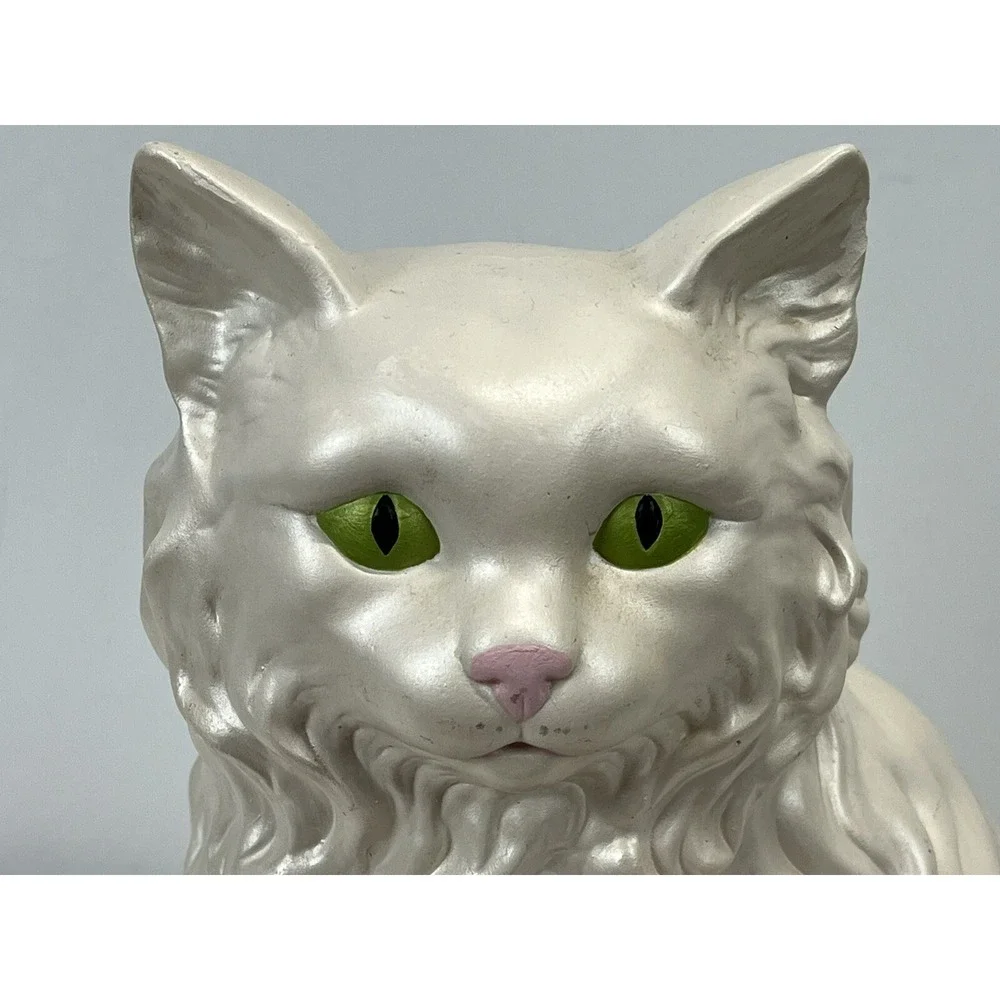 Vintage MCM Persian White Cat Statue with Green Eyes 12
